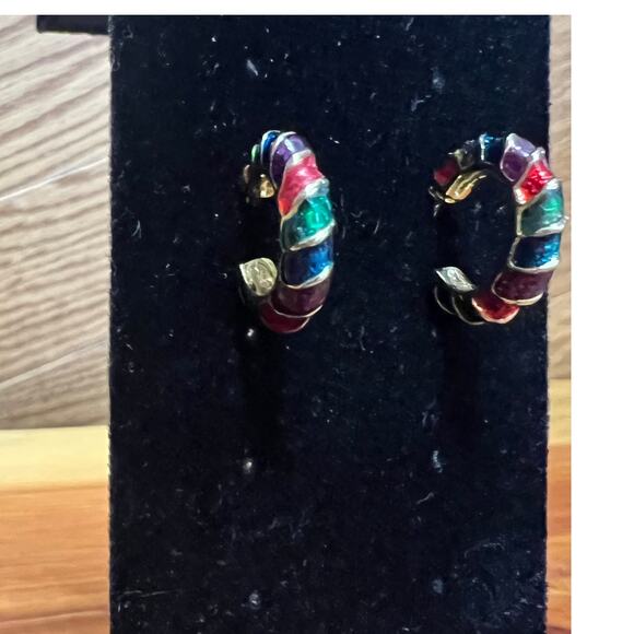 Vintage Rainbow Striped Hoop Pierced Earrings Christmas Candy Canes Gold Tone - Picture 2 of 8